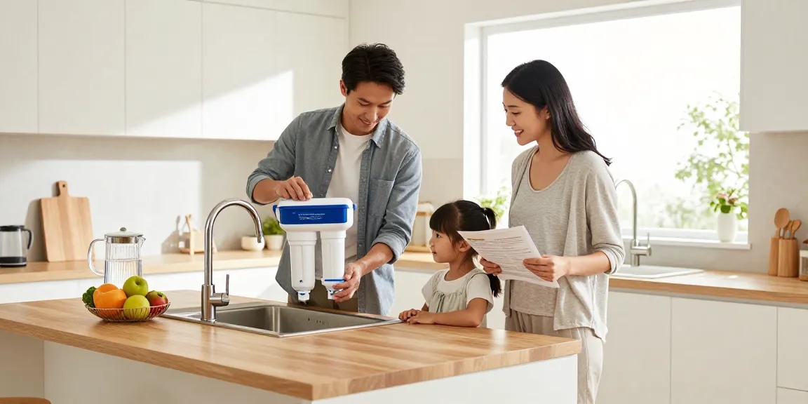 AQUA CREST EDR1RXD1 Replacement for W10295370A being installed in modern kitchen by family, emphasizing home improvement and clean water.