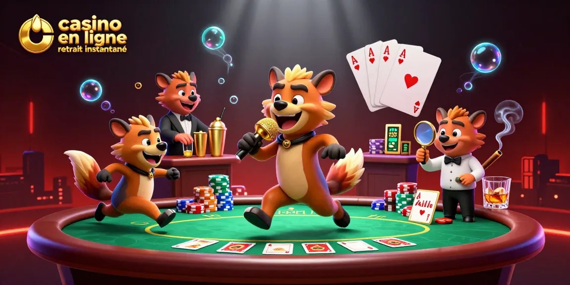 Casino en ligne retrait instantané avec des hyènes cartoon animées dans un club de casino comique.