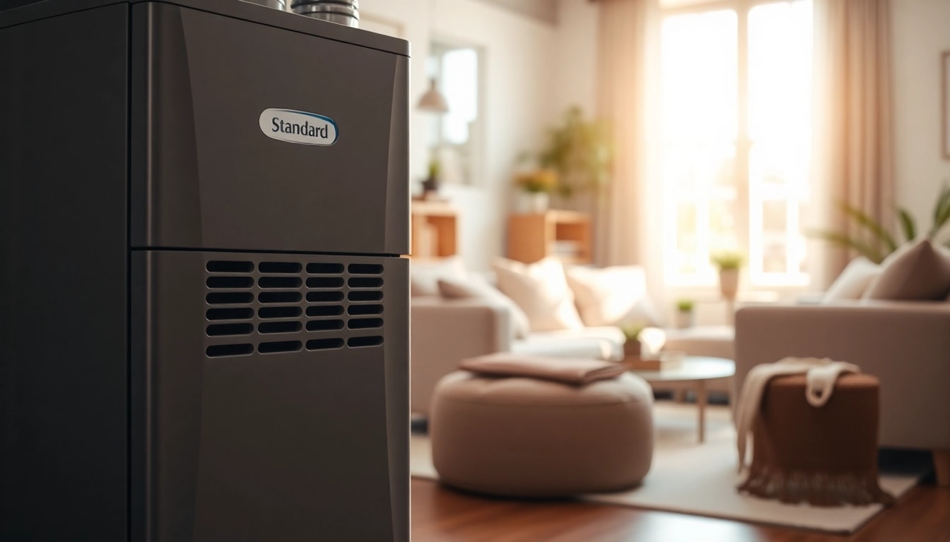 Installing an american standard furnace in a cozy home environment with natural lighting.