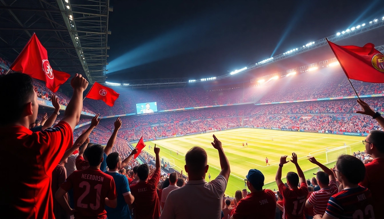 Engaging sports scene showcasing fans cheering during a live soccer match, representing 토토스토리.