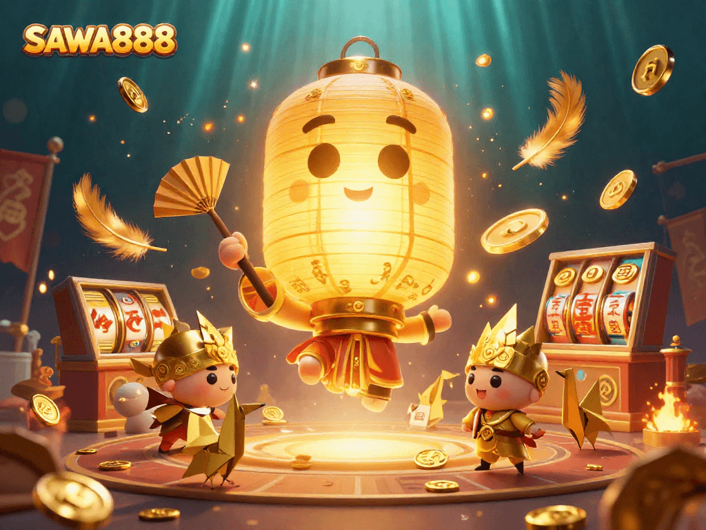 Engage with SAWA888’s vibrant casino scene featuring a glowing lantern spirit amidst dynamic gaming elements.
