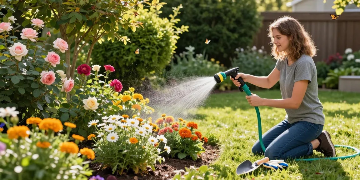 Bright garden scene with best hose nozzle watering colorful flower beds for efficient gardening.