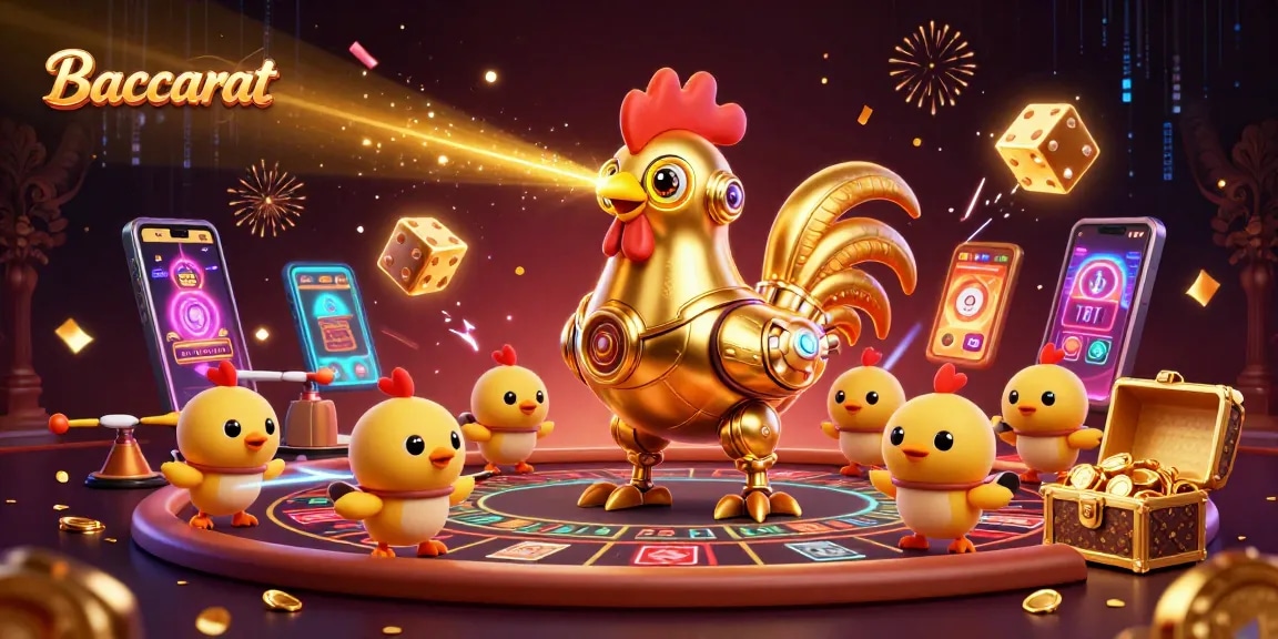 Baccarat game scene with a digital rooster robot and baby chick drones amidst vibrant casino elements.