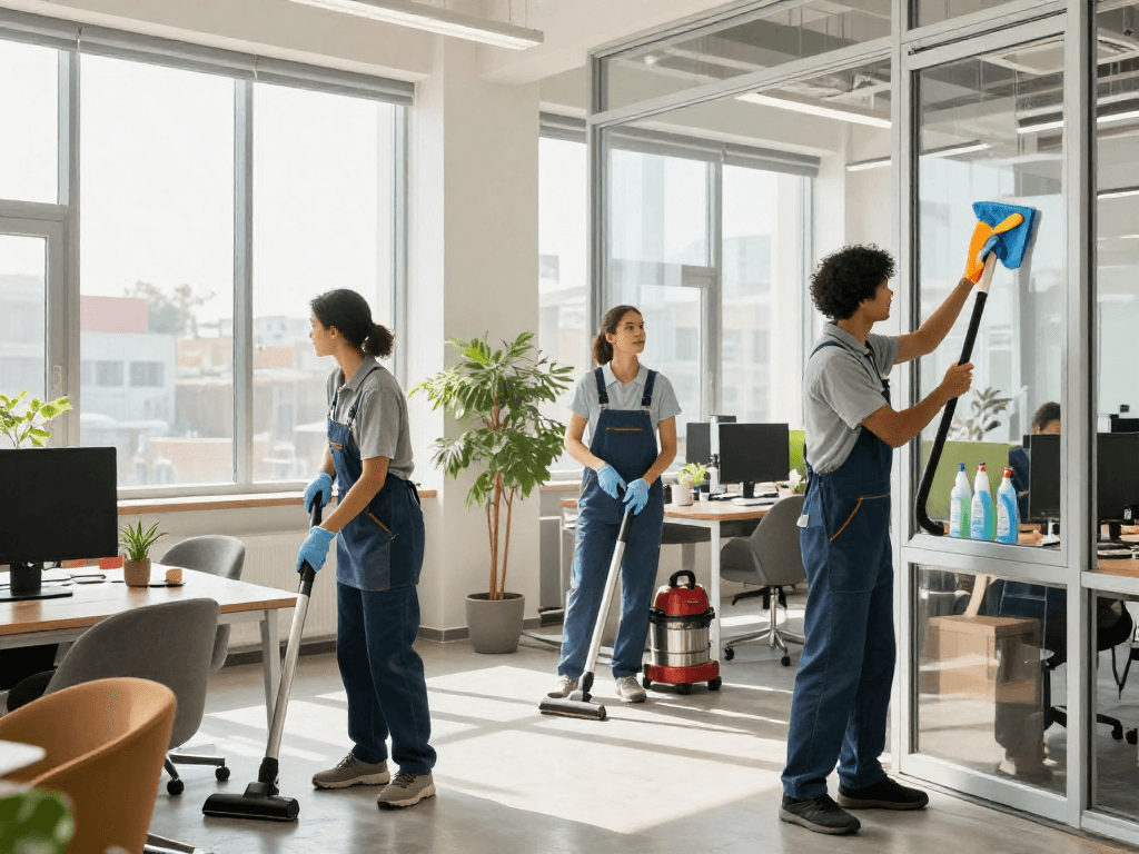 Professionelle Reinigungsfirma in Dortmund führt Reinigung in modernem Büro durch.