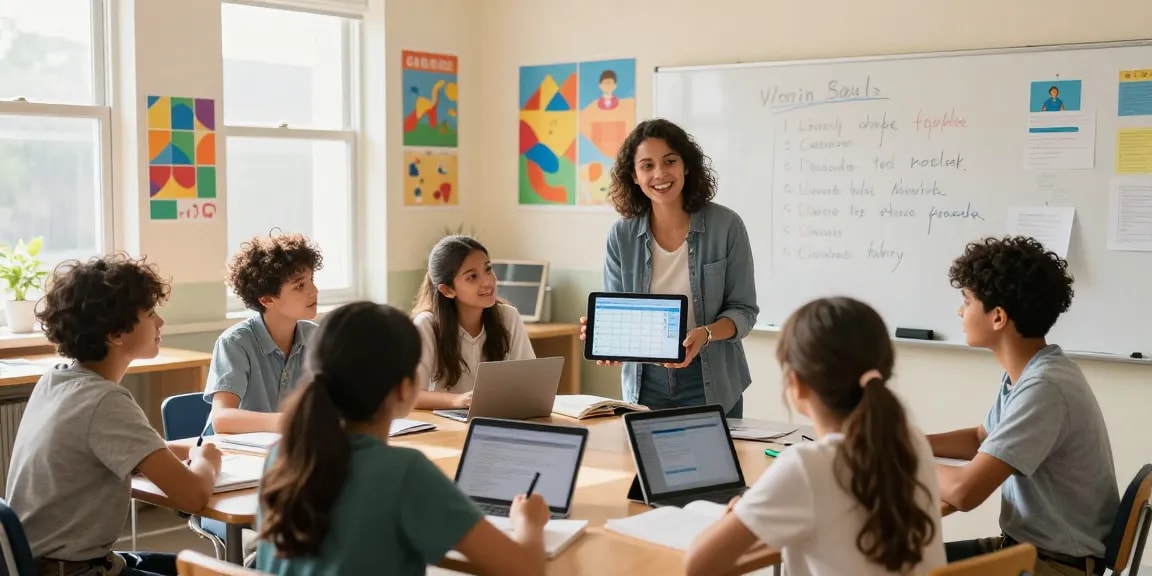 Teacher using EMStudio online planner in vibrant classroom, engaging diverse students in learning, highlighting classroom management.