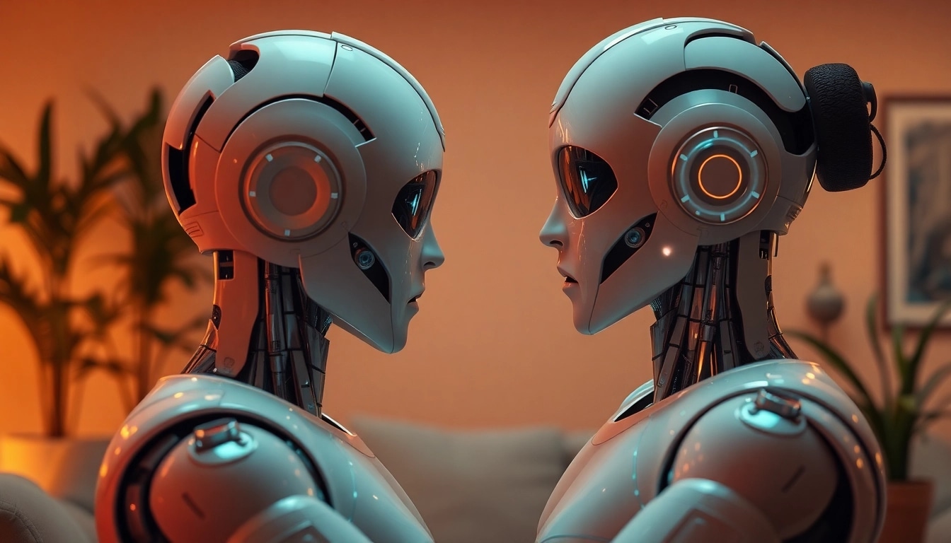 Engaging interaction between a human and an AI robot in a cozy, intimate environment, reflecting the theme of ai sex.
