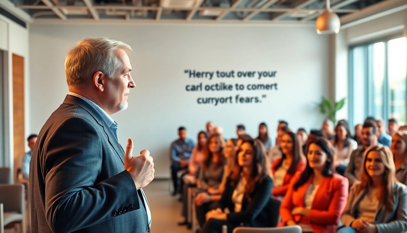 Speaking confidently while Overcoming Fear of Public Speaking in an engaging conference setting.