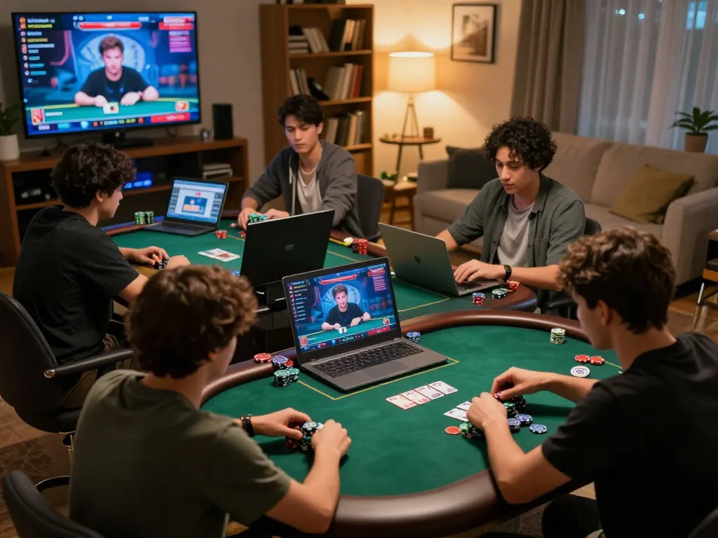 Sesi poker online yang menarik dengan APK Ulat123 di laptop dengan pemain yang aktif berpartisipasi dan merumuskan strategi.