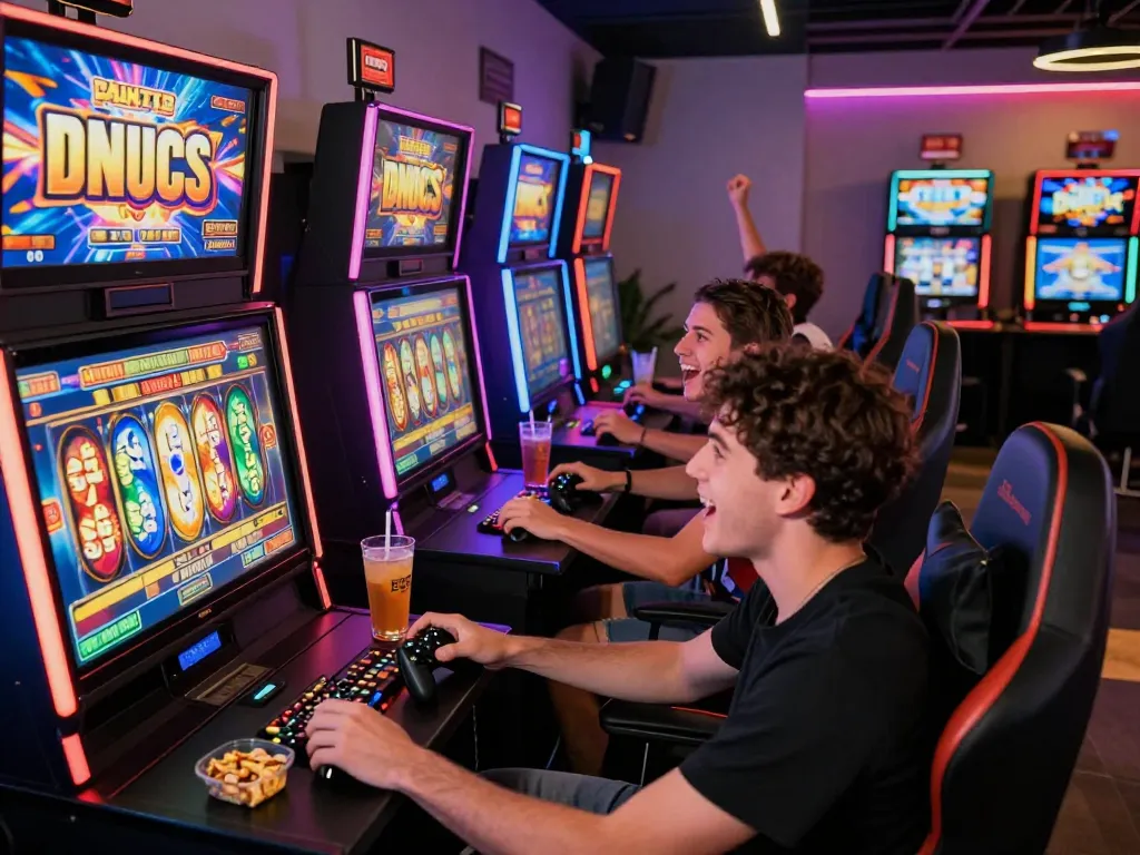 Teman-teman menikmati permainan slot situs gacor di lounge permainan yang cerah.