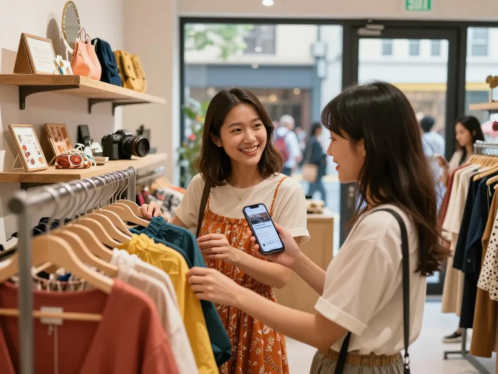 Customer engaging with https://hubet88.icu/ newsletter while shopping in a vibrant boutique.