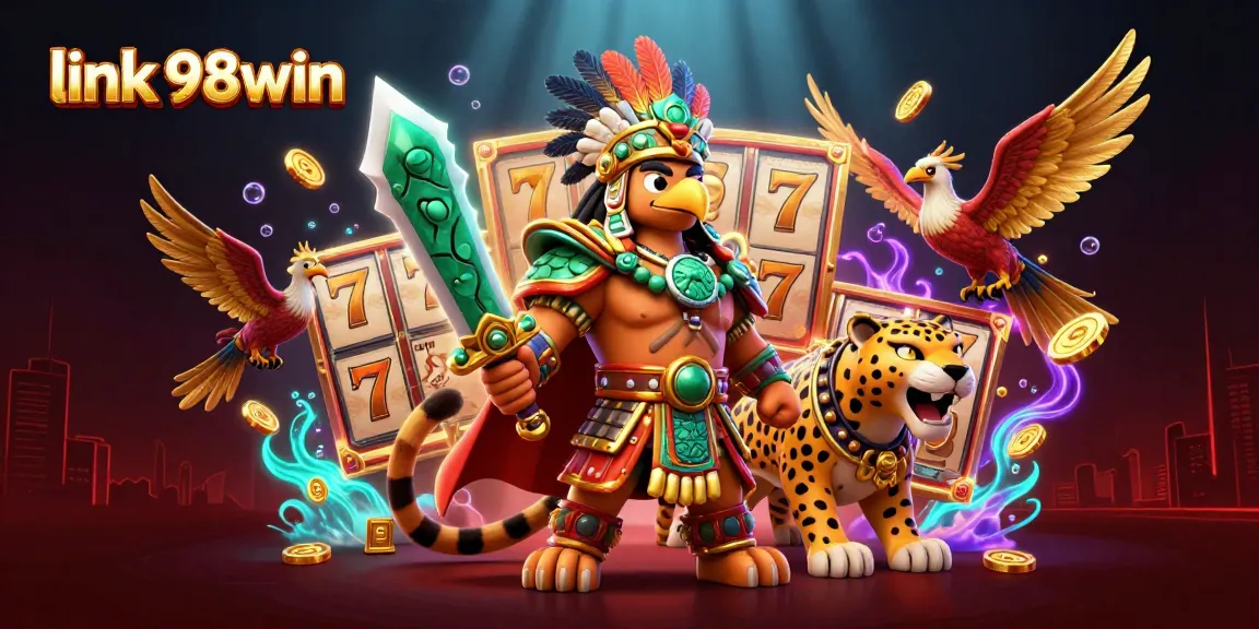 Win big at link 98win with a vibrant illustration showcasing exciting slot games and dynamic characters.