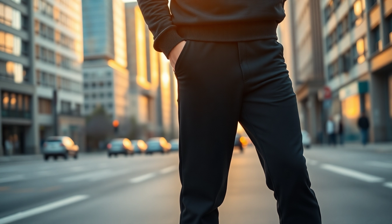 Model showcasing black sweatpants in an urban setting, emphasizing fit and stylish design.