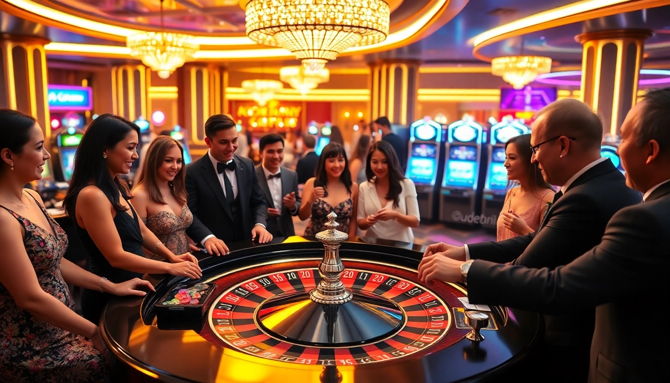 Engage in the excitement of a roulette game as players cheer, bringing to life "Nếu như vậy bám vào đây" in a vibrant casino atmosphere.