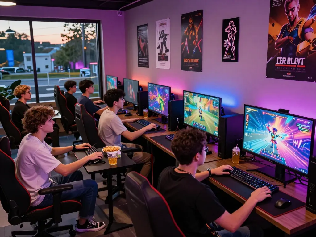 Excited gamers enjoying various porn games html in a vibrant game lounge.