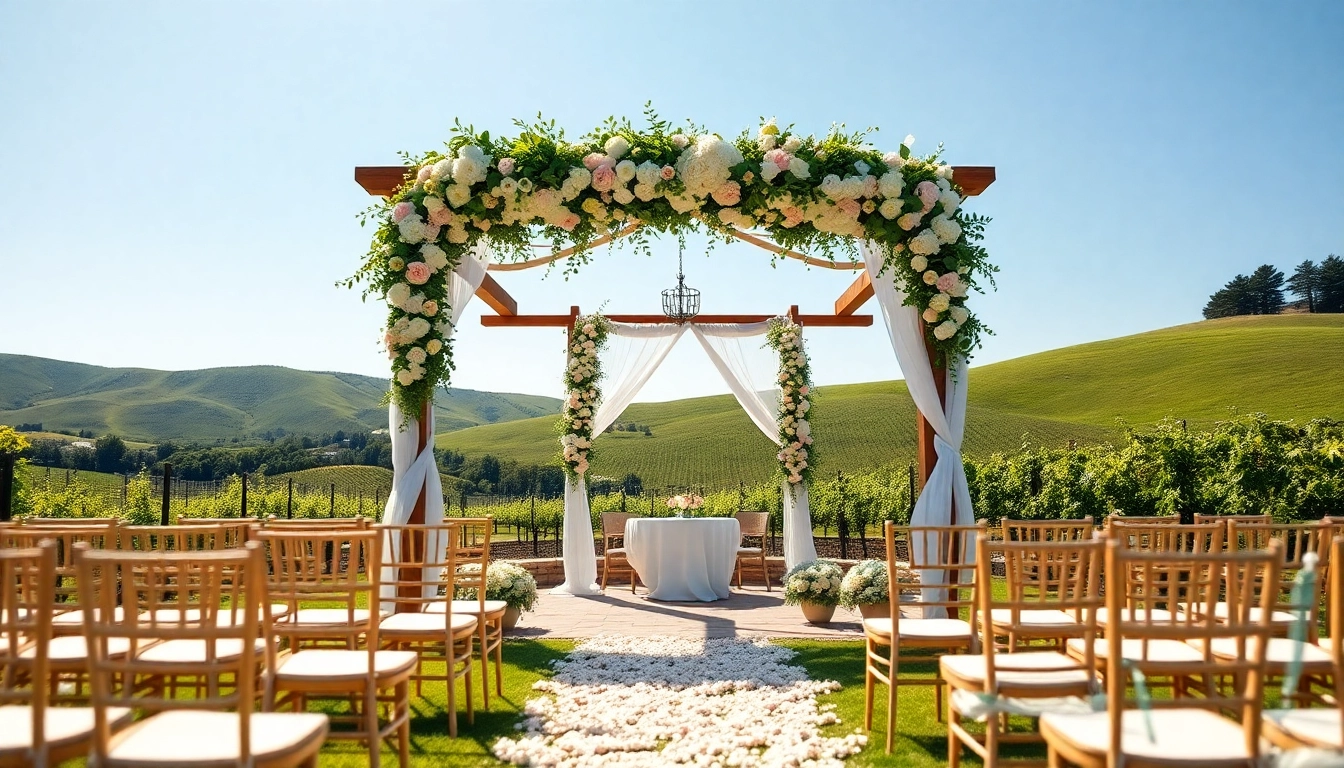 Beautiful outdoor wedding venues northern California with floral arbor and scenic vineyards.