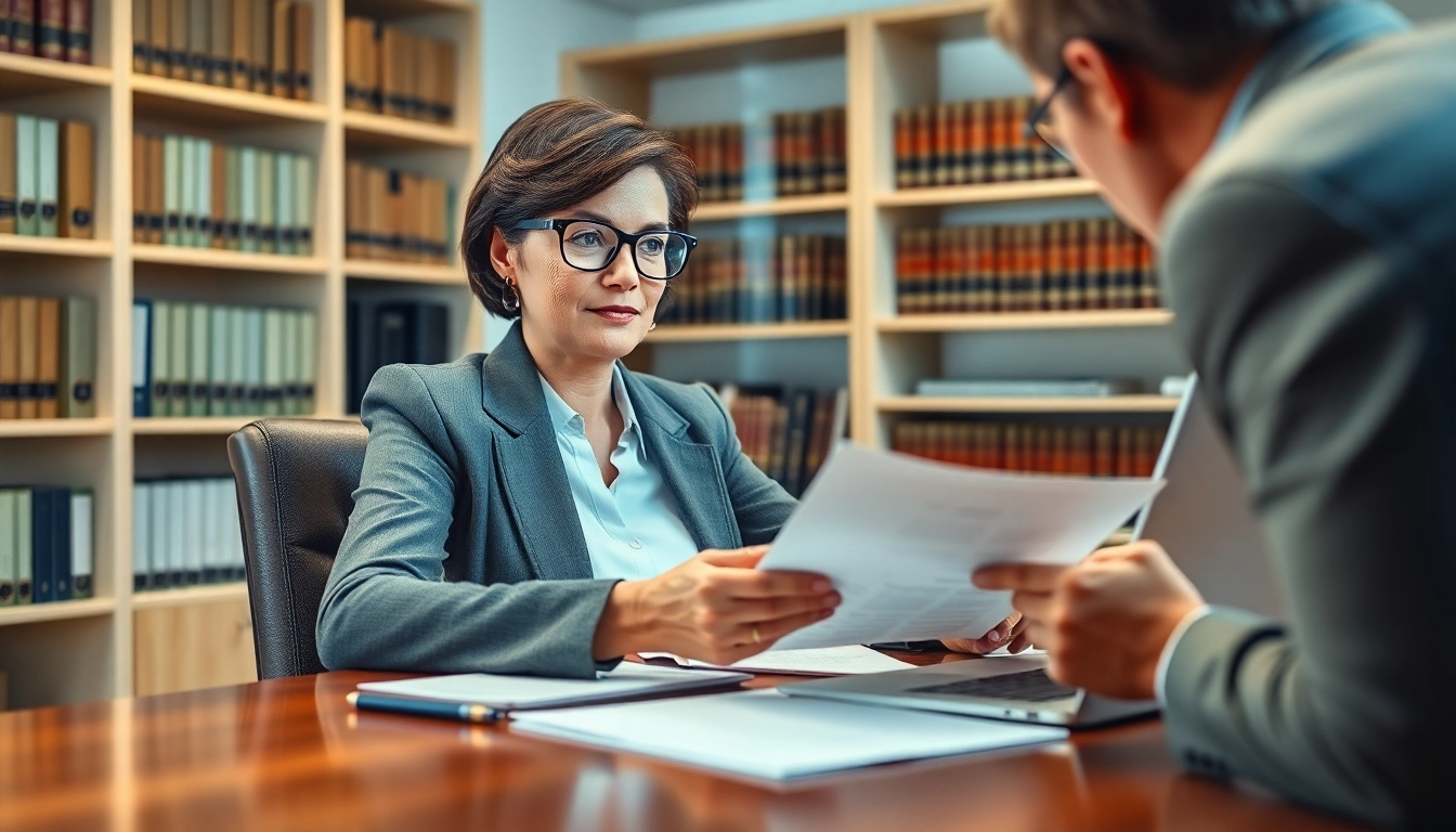 Engaging intellectual property lawyer consulting with a client in a professional office.