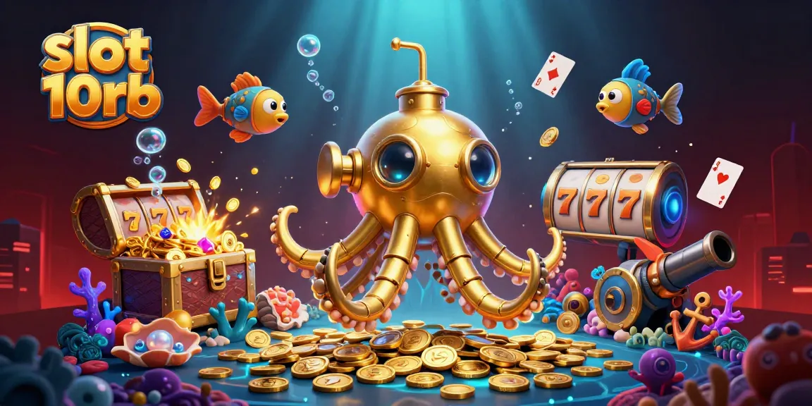 Win big with slot 10rb featuring a cartoon golden kraken amidst colorful underwater treasures.
