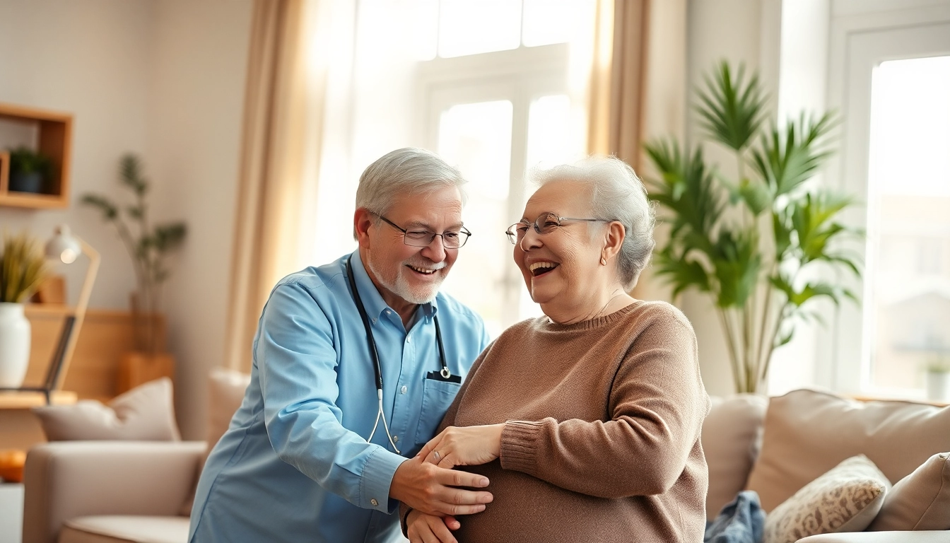 Caring professional provides support at home to an elderly individual in a warm setting.