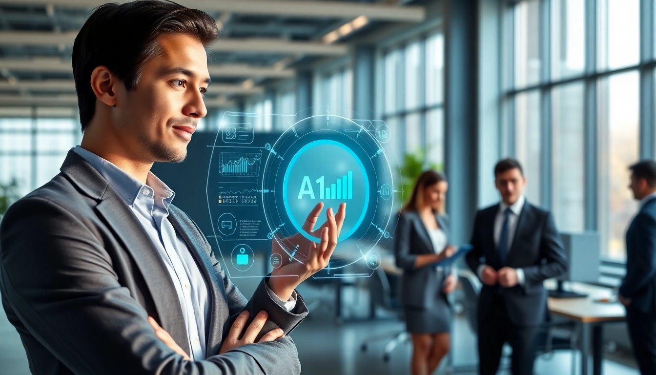 Engaging assistant for enterprise innovating in a modern office setting with digital interfaces.