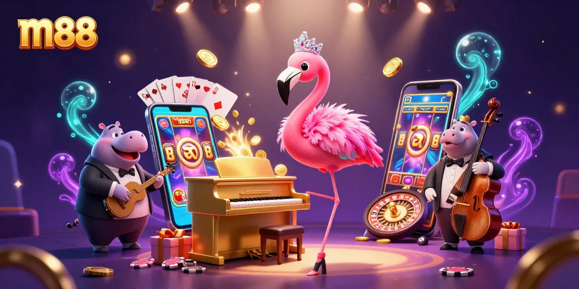 Experience the excitement of m88 with colorful slots and lively characters in a vibrant casino scene.