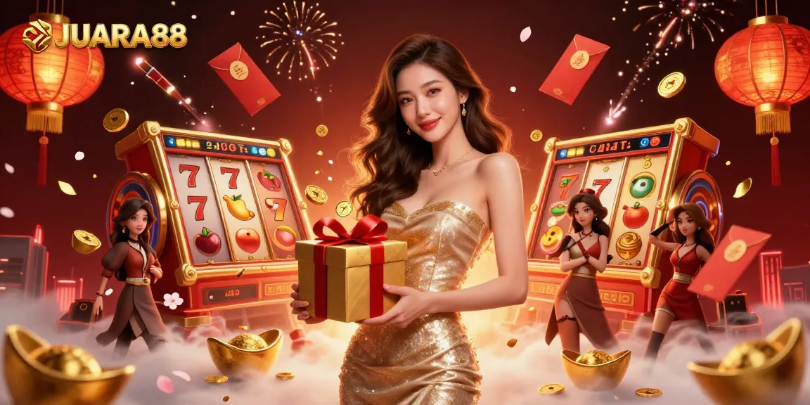 Experience thrilling wins with JUARA88 in this festive Lunar New Year casino illustration.