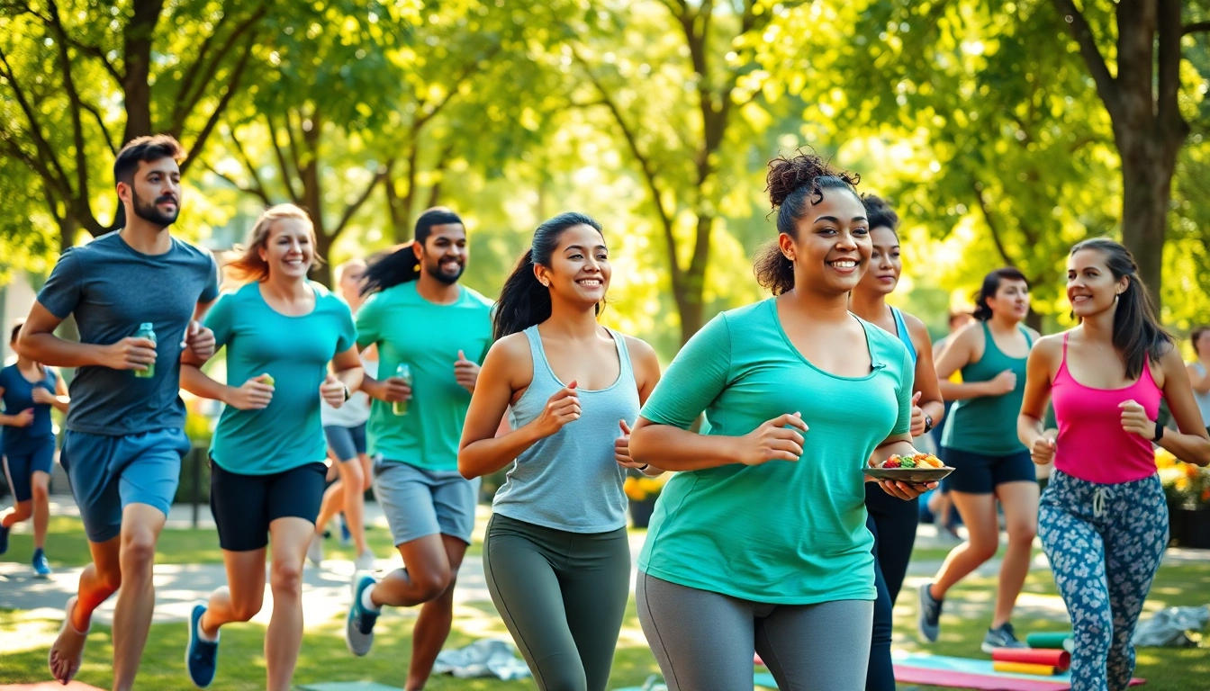 Individuals promoting health through fitness and nutritious cooking in a vibrant urban park.