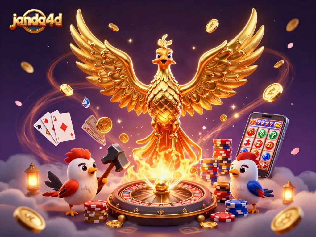 Janda4d menampilkan permainan slot seru dengan phoenix emas yang mengeluarkan koin berkilau.
