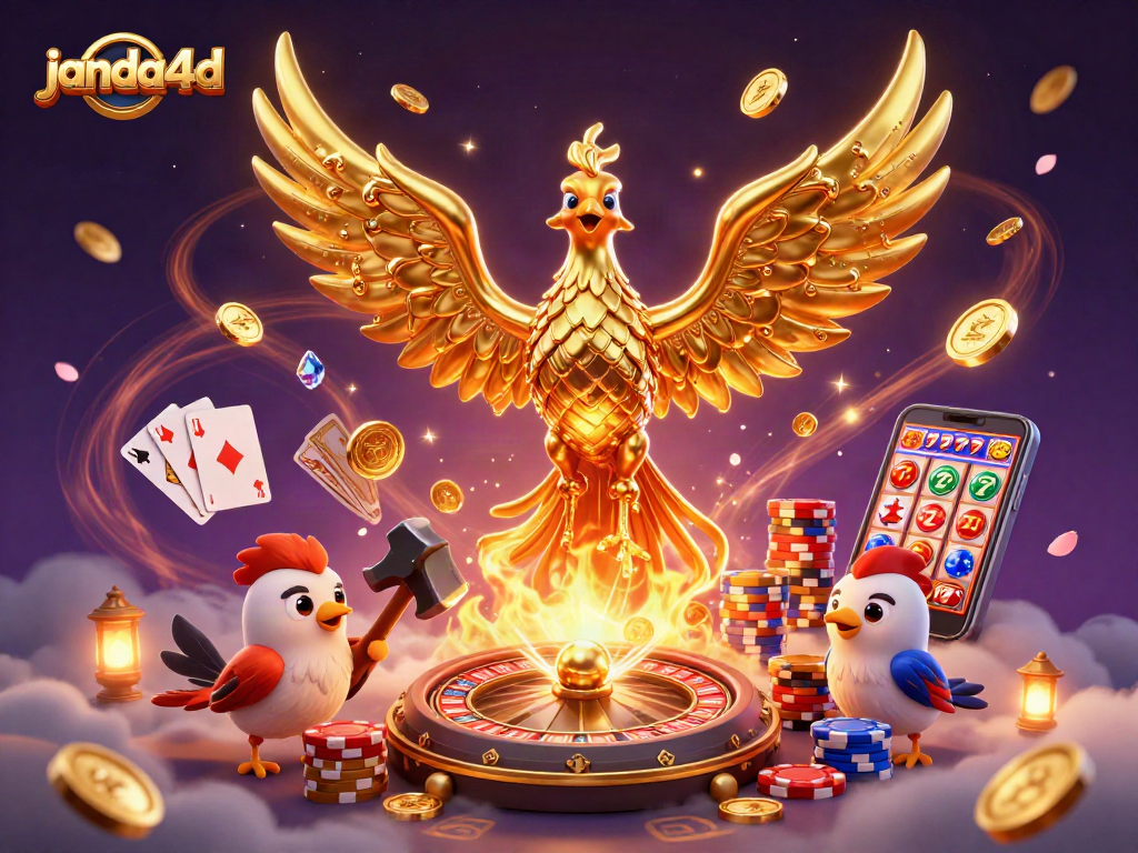 Janda4d menampilkan permainan slot seru dengan phoenix emas yang mengeluarkan koin berkilau.
