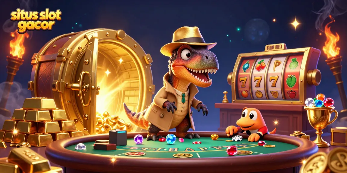 Engage with situs slot gacor in a vibrant casino scene featuring a velociraptor at a blackjack table.