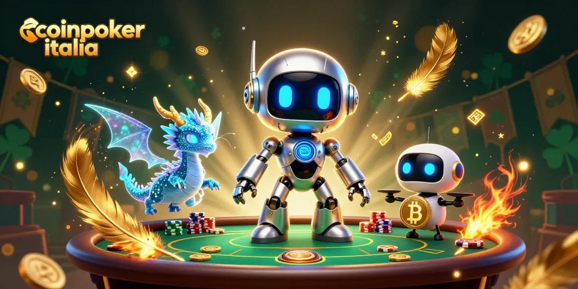 Giocare a poker su coinpoker italia con robot cyberpunk e un drago olografico in un ambiente vivace e sicuro