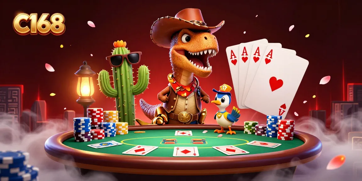 Engage with C168's thrilling poker scene, featuring a T-Rex dealer, poker chips, and dynamic gameplay.
