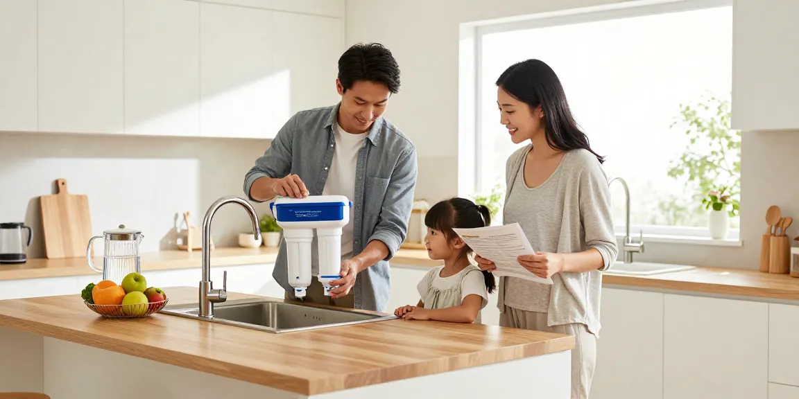 AQUA CREST EDR1RXD1 Replacement for W10295370A being installed in modern kitchen by family, emphasizing home improvement and clean water.