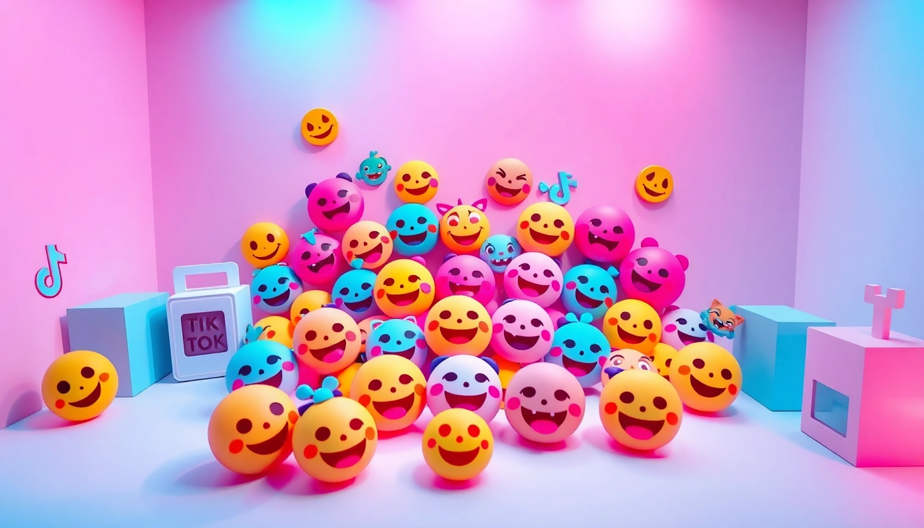 Showcase colorful tiktok emojis creatively arranged in a digital setting, enhancing engagement.