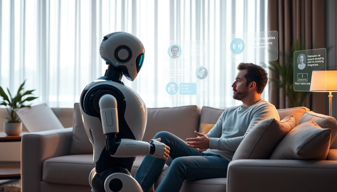 AI sex companionship scene with humanoid robot and human interaction in a modern living room.