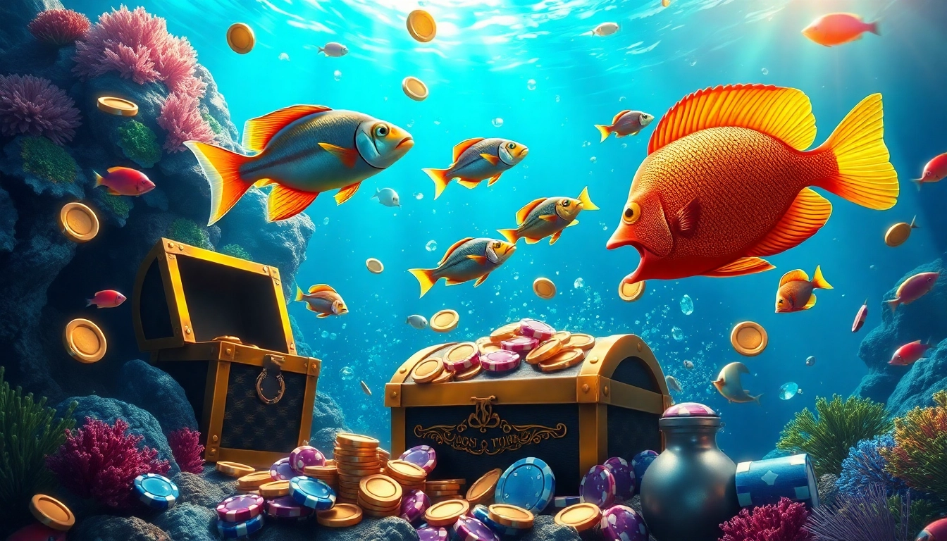 Bắn cá đổi thưởng treasure hunt scene featuring colorful fish and casino elements.