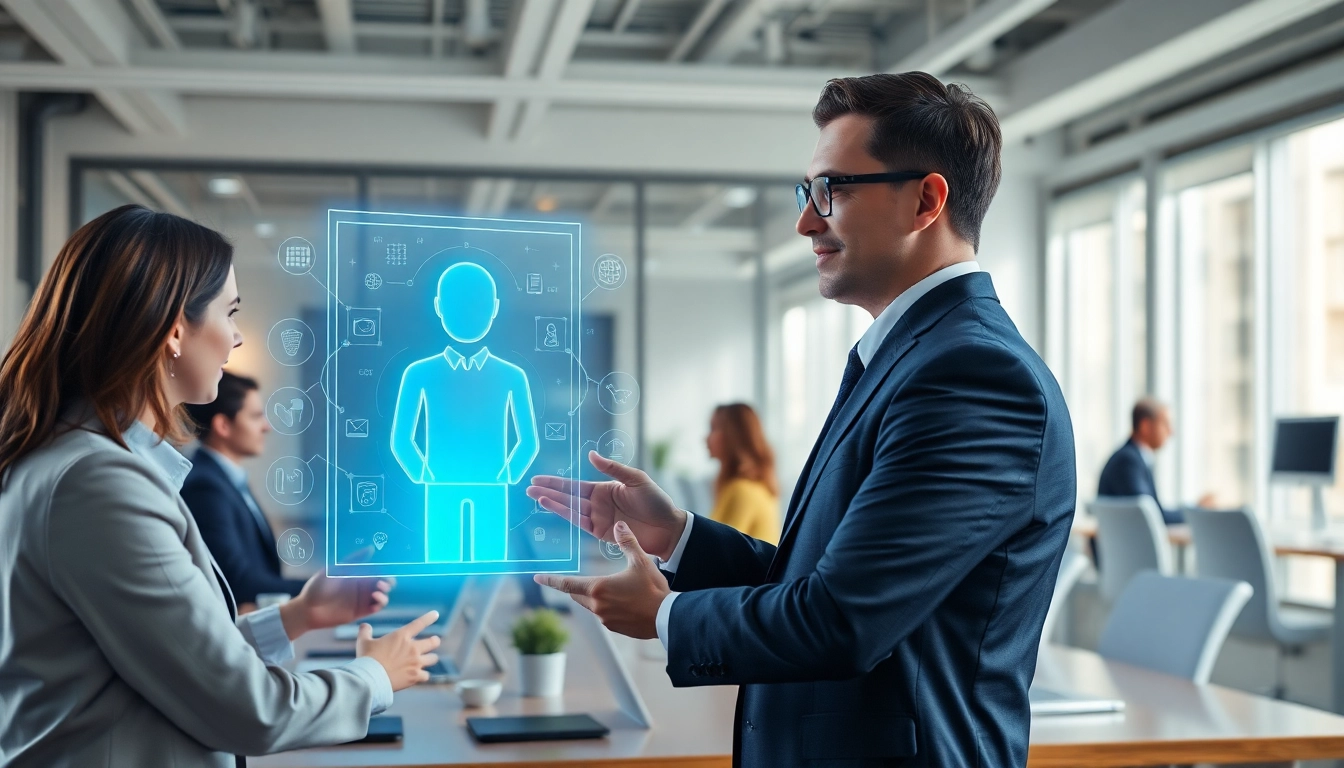 Engaging AI assistant for enterprise interacting with team members in a modern office environment.
