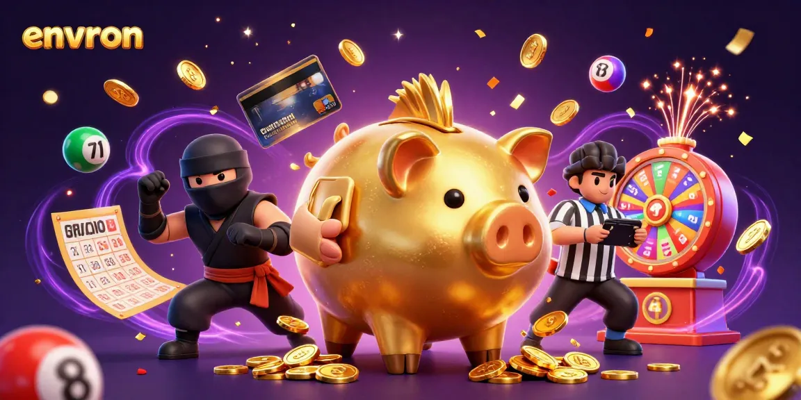 Gambling excitement at environ with golden piggy bank wrestler, vibrant lottery balls, and celebratory effects.