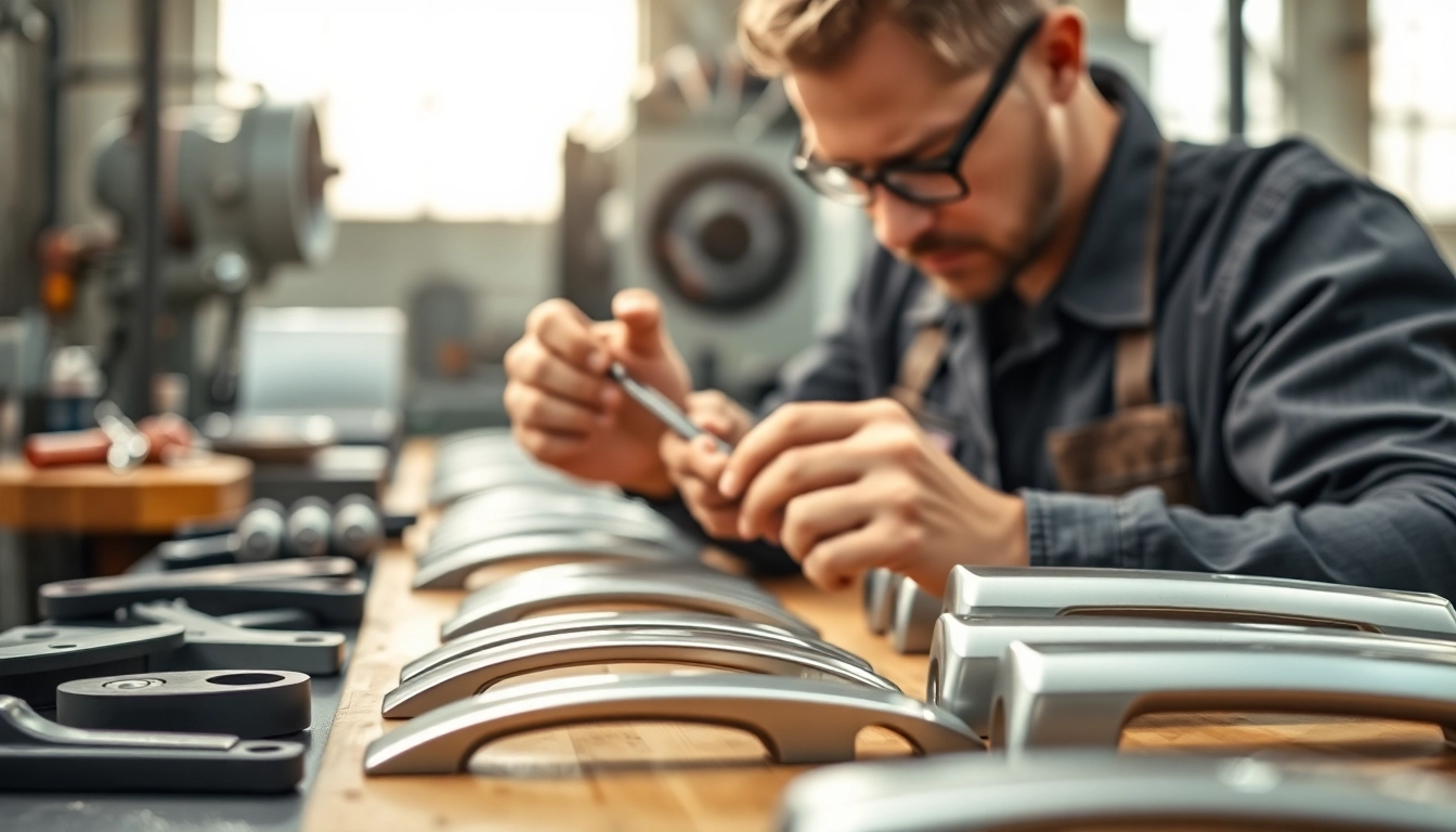 Handle Manufacturer showcasing skilled artisan crafting high-quality metal handles in a factory.