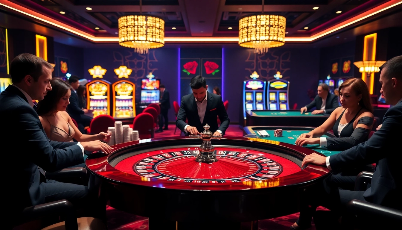 Experience the thrill of gambling at https://thabet.vegas/, with a luxurious casino scene showcasing roulette and excited players.