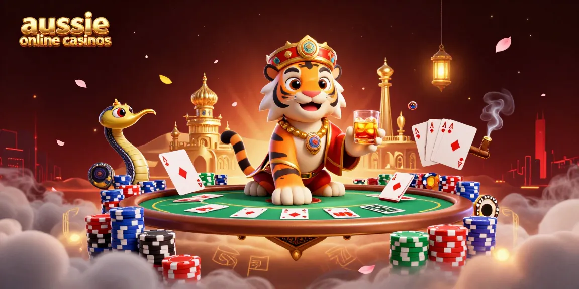 Experience the magic of aussie online casinos with vibrant casino elements in a rich, dynamic scene.