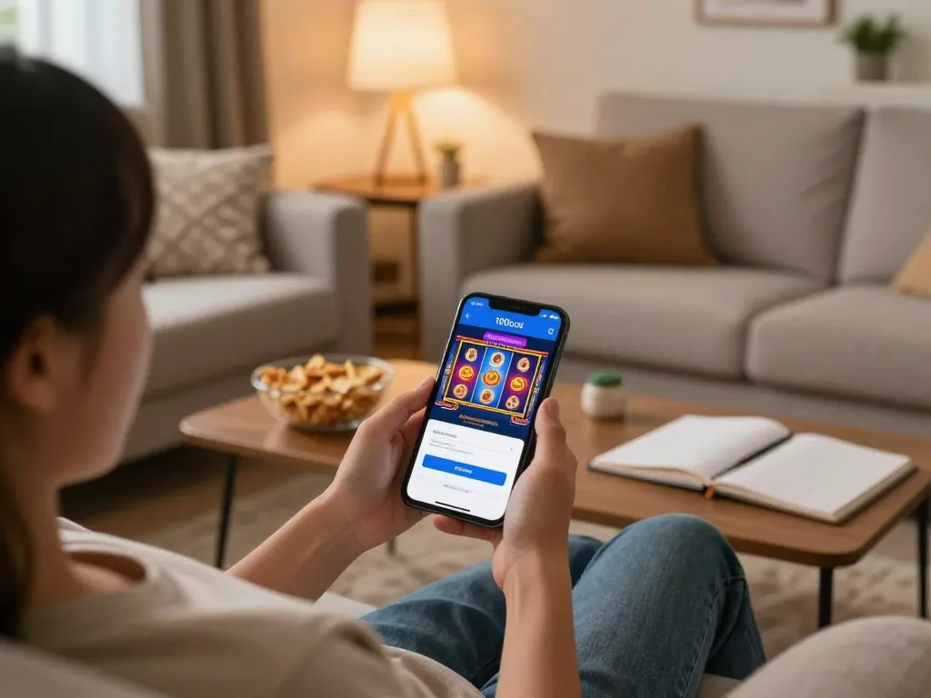 Engaging moment of a player using the 100cuci app login on a smartphone for online gaming at home.