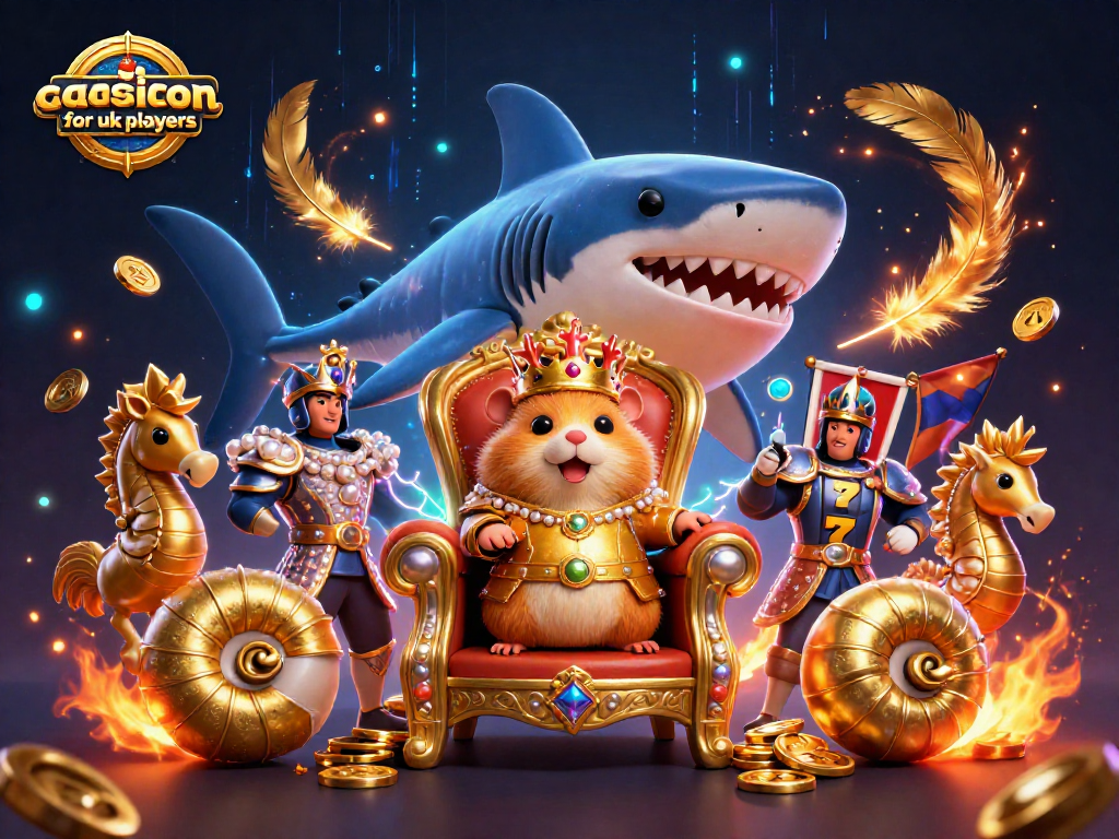 Play at top American casino for UK players with golden hamster king and vibrant gaming elements.