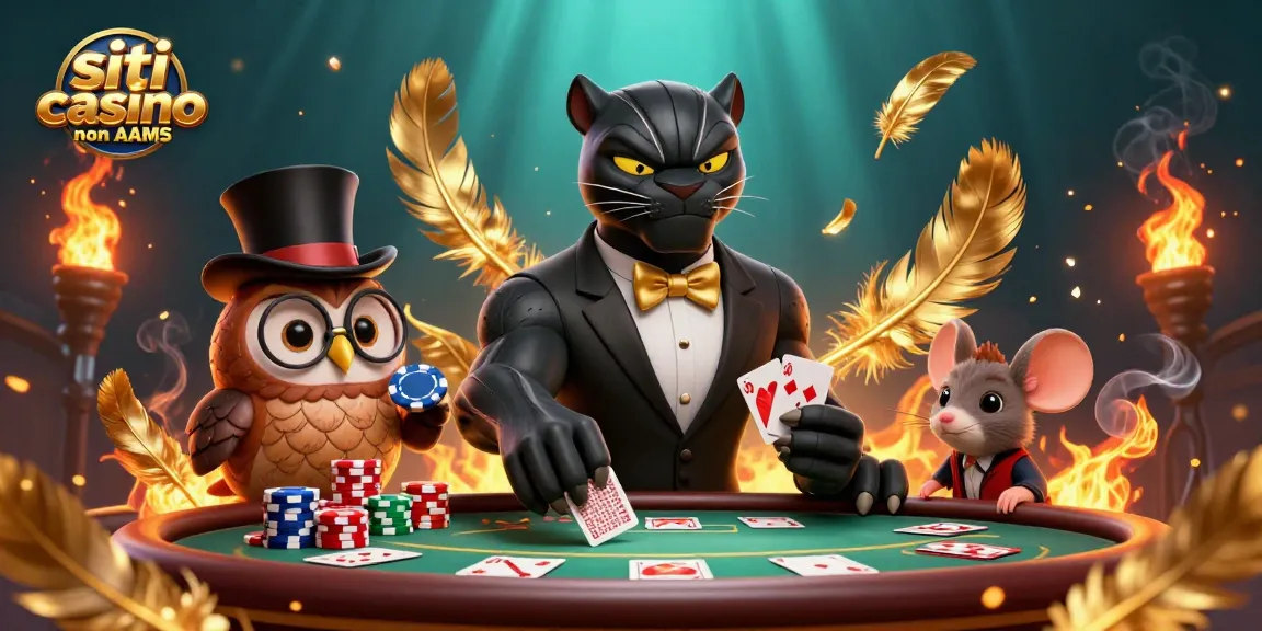 I siti casino non AAMS mostrano una pantera nera elegante che distribuisce carte in una vivace scena di casinò.