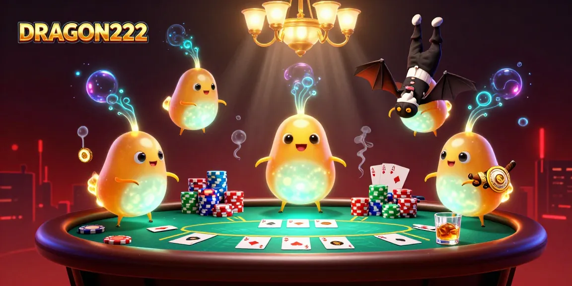Engage with DRAGON222 at a vibrant casino illuminated by glowworm characters and colorful poker elements.