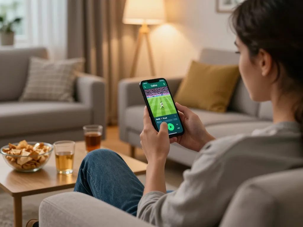 Cakhia TV in action as sports fan watches live football match highlights on smartphone in cozy living room.