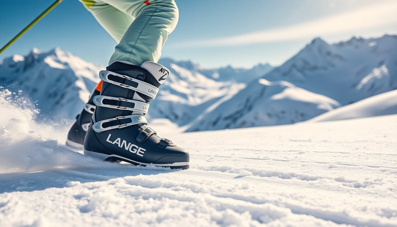 LANGE ski boots enhance performance as a skier carves through powder on a mountain.