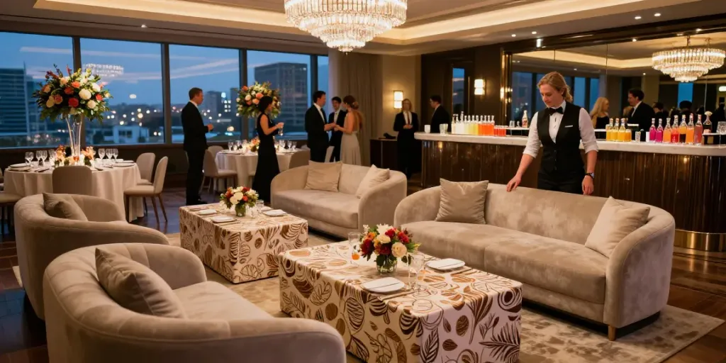 Event furniture rental setup featuring elegant lounge chairs and cocktail tables in a luxurious ballroom.