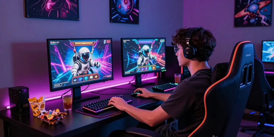 Engaging gamer playing spaceman-themed slot game in a futuristic gaming setup.