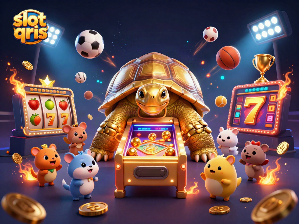 Play slot qris with a colossal golden tortoise showcasing a vibrant pinball machine.