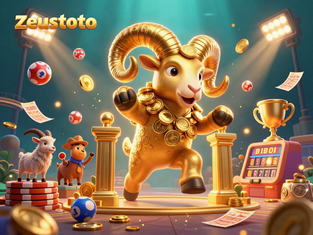Experience zeustoto's vibrant lottery action with a golden ram charging through a colorful scene.
